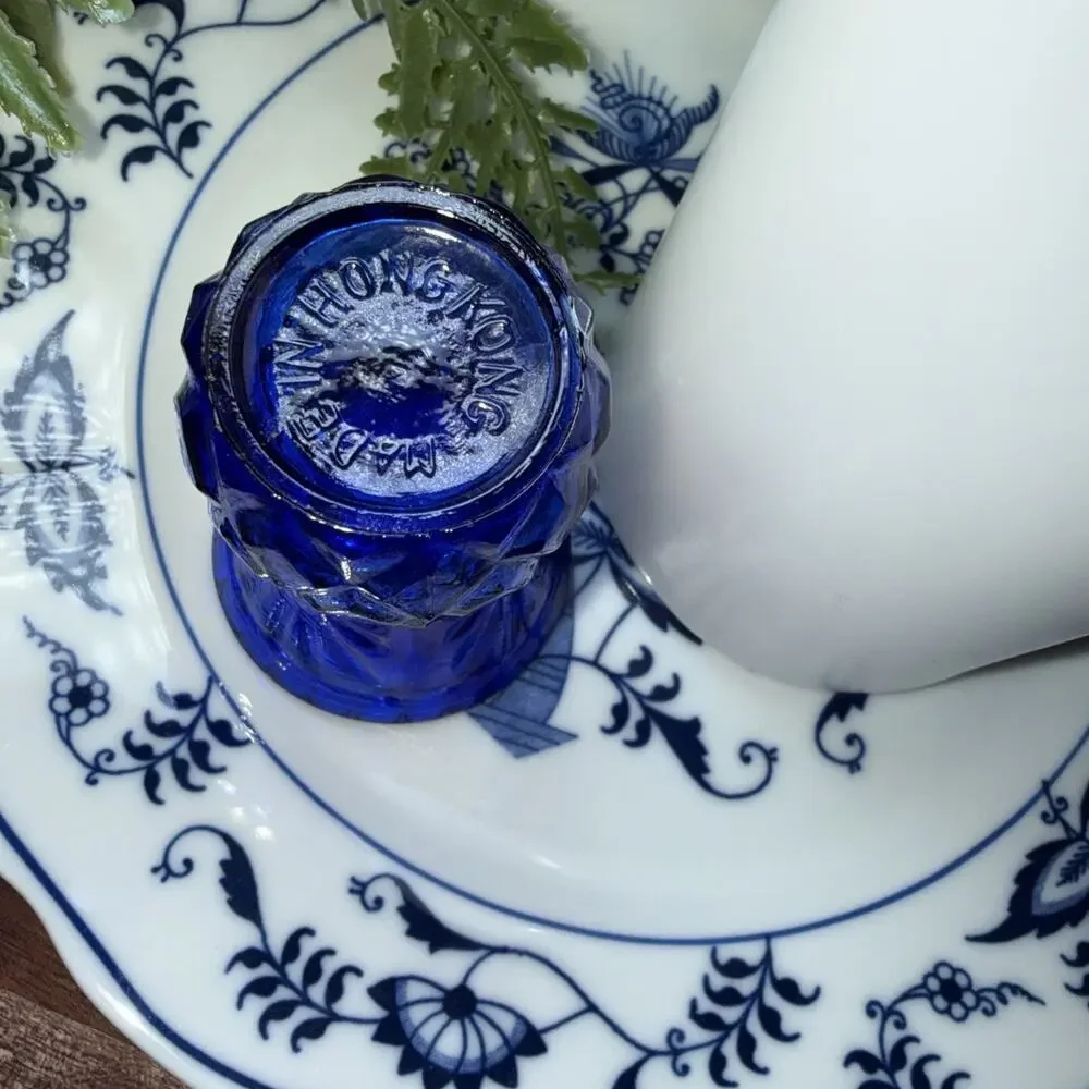Vintage Cobalt Blue Glass Toothpick Holder Mini Bud Vase Hong Kong 2.75” MCM